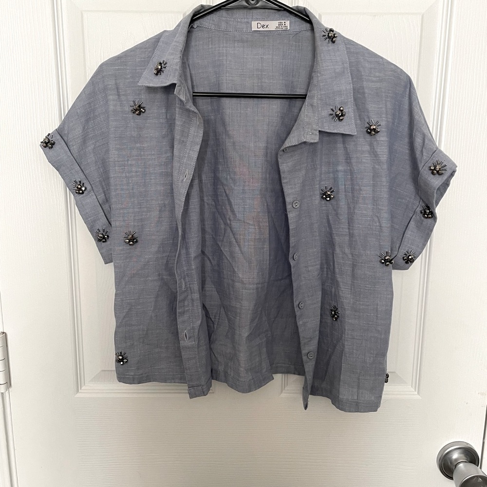 Dex Short Sleeve Button Up with Beading Detail